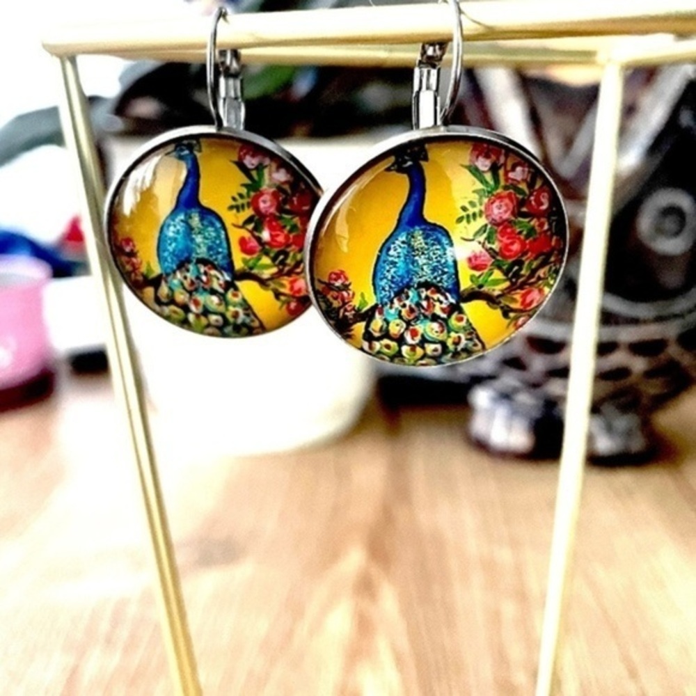 Vintage Style Peacock Print Stainless Steel French Clasp Earrings, 25mm, NWT